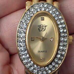 Vintage ET Elizabeth Taylor Gold Women's Quartz Watch Rhinestone Bezel Oval Face